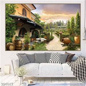 Tranh ngôi nhà cổ trong vườn cây xanh