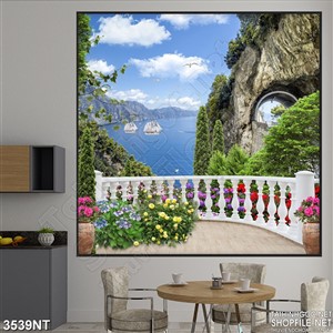 Tranh ngôi nhà trên núi sát biển xanh