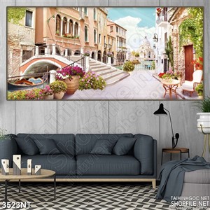 Tranh chiếc cầu nối con đường vào tòa nhà lớn