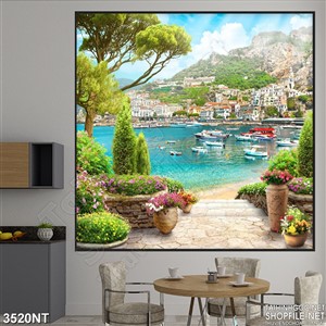 Tranh thành phố bao quanh biển xanh