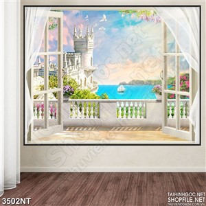 Tranh khung cửa sổ ngoài ban công trắng