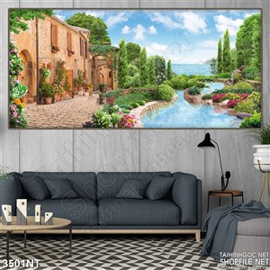 Tranh khu nhà đầy cây xanh trên bờ biển