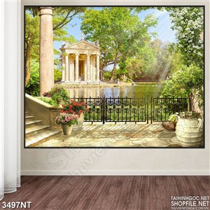 Tranh ngôi đền trên sông trong rừng