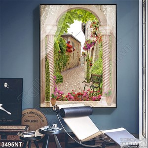 Tranh cánh cổng hoa sau tấm rèm trắng