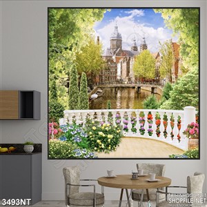 Tranh lâu đài sau vòm cây xanh treo tường