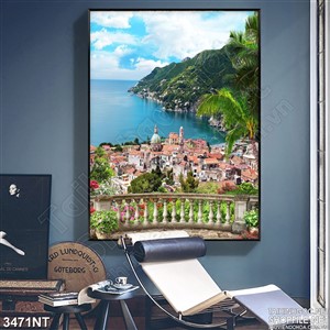 Tranh những ngọn núi bên biển xanh in uv