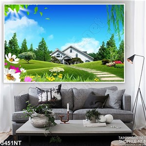 Tranh lối đi vào ngôi nhà đầy cây xanh in uv