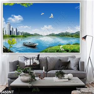 Tranh đôi bồ câu tung cánh trên bãi biển