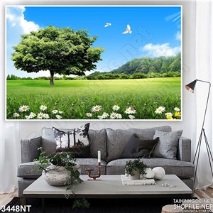 Tranh đôi bồ câu trên cánh đồng cỏ non