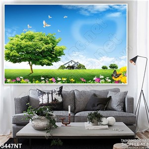 Tranh đàn bồ câu trên cánh đồng xanh cỏ