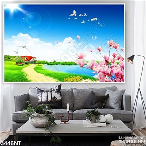 Tranh đàn bồ câu tung cánh trên bờ sông xanh