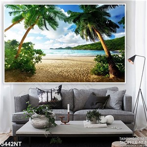 Tranh bãi biển dưới những hàng dừa xanh