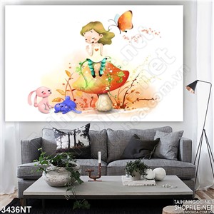 Tranh cô bé ngồi trên cây nấm