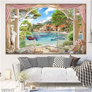 Tranh ngồi nhà thơ mộng trên bờ sông xanh