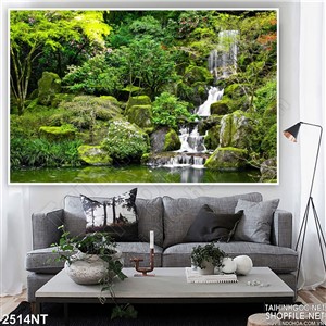 Tranh dòng suối bên vách đá in uv