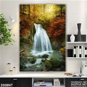 Tranh dòng thác trắng xóa trong rừng