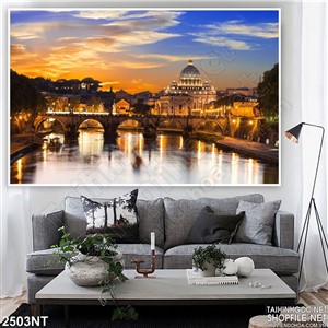 Tranh con sông trong thành phố về đêm