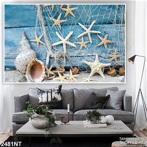 Tranh sao biển trên bức tường xanh 3d