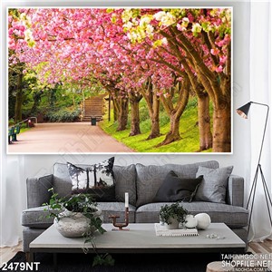 Tranh hàng anh đào thẳng tắp bên đường