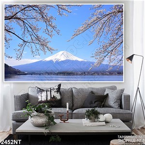 Tranh anh đào bên núi tuyết 3d