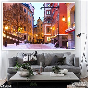 Tranh thành phố rực rỡ ánh đèn đường