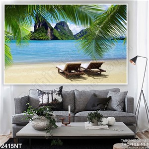 Tranh tán dừa hàng ghế bên bờ biển