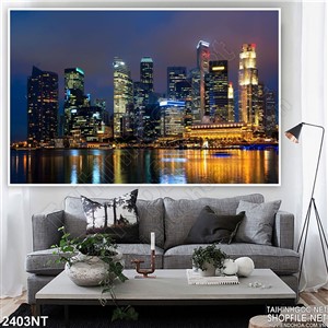 Tranh thành phố bên sông ngập ánh đèn