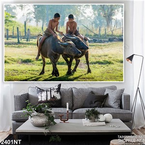 Tranh chăn trâu ngoài đồng in uv