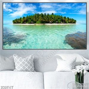 Tranh đảo dừa trên ốc đảo xanh in uv