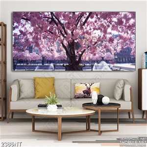 Tranh cây anh đào bên vòi phun nước