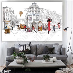 Tranh vẽ thành phố trắng tấp nập