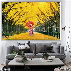 Tranh con đường lá vàng treo tường