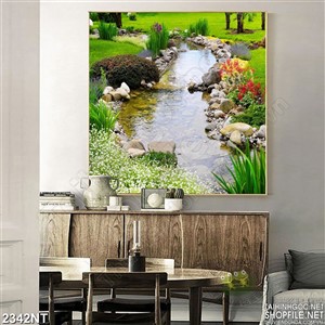 Tranh con suối đá đầy hoa in uv