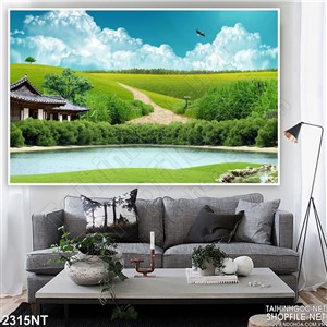 Tranh ngôi nhà bên hồ trên cánh đồng cỏ