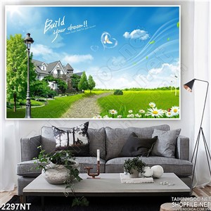 Tranh con đường trên cánh đồng xanh 3d