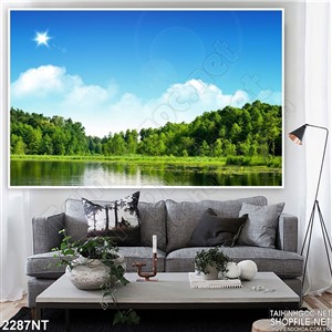 Tranh rừng thông bên hồ nước