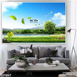 Tranh hồ nước giữa rừng xanh treo tường