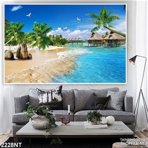 Tranh hải âu bay lượn trên bãi biển xanh