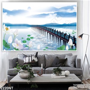 Tranh cây câu trên hồ sen treo tường