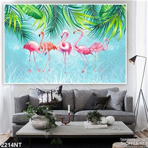 Tranh đàn hạc hồng dưới tán lá 3d