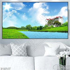 Tranh biệt thự bên bờ sông treo tường