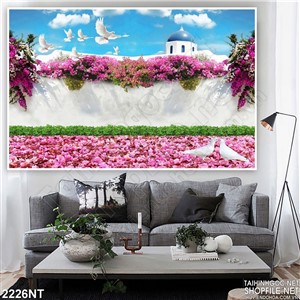 Tranh khu vườn đầy hoa tím và bồ câu