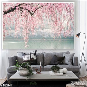 Tranh hoa đào rủ mặt hồ 3d