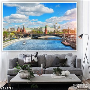 Tranh thành phố biển xanh trong