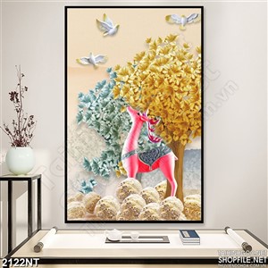 Tranh vẽ chú hươu hồng bên cây vàng