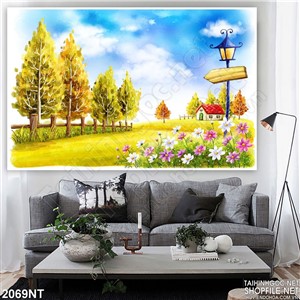 Tranh hàng rào cây xanh dẫn vào nhà