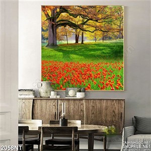Tranh rừng cây già trên hoa và thảm cỏ