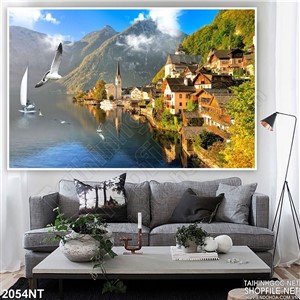 Tranh thành phố của đàn hạc bay trên sông