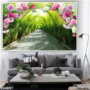 Tranh con đường rợp mái cây xanh