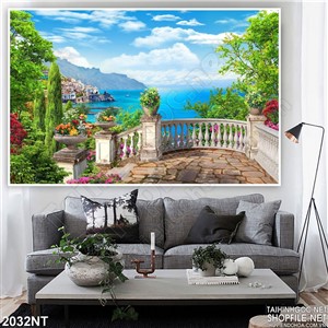 Tranh ban công trước biển 3d